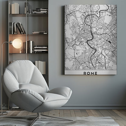 A minimalist black and white art print of a street map of Rome, Italy. The map shows the winding Tiber River flowing through the dense grid of city streets. The poster has a simple black frame and the word 'ROME' is printed in a bold, sans-serif font at the bottom. Print