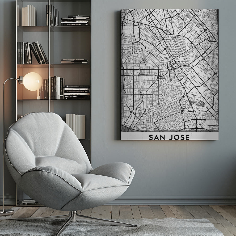 A minimalist black and white street map of San Jose, California, presented as a framed poster. The map details the city's grid, highways, and roads in black lines on a slightly textured white background. The text 'SAN JOSE' is written in a bold, black, sans-serif font at the bottom. Wall Art