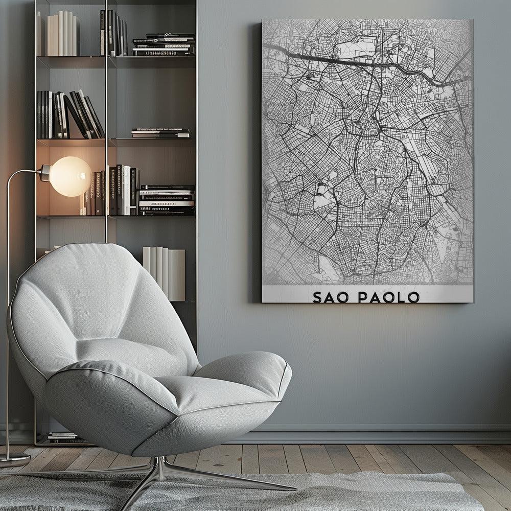 A minimalist black and white map of Sao Paolo, showcasing the intricate network of city streets and highways. The poster is enclosed in a simple black frame and features the city's name 'SAO PAOLO' in bold capital letters at the bottom. Artwork