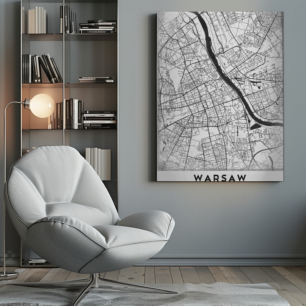 A minimalist black and white street map of Warsaw, Poland, displayed in a black frame. The map details the intricate network of roads and the Vistula River, with the city's name 'WARSAW' printed in a bold, black, sans-serif font at the bottom. Print