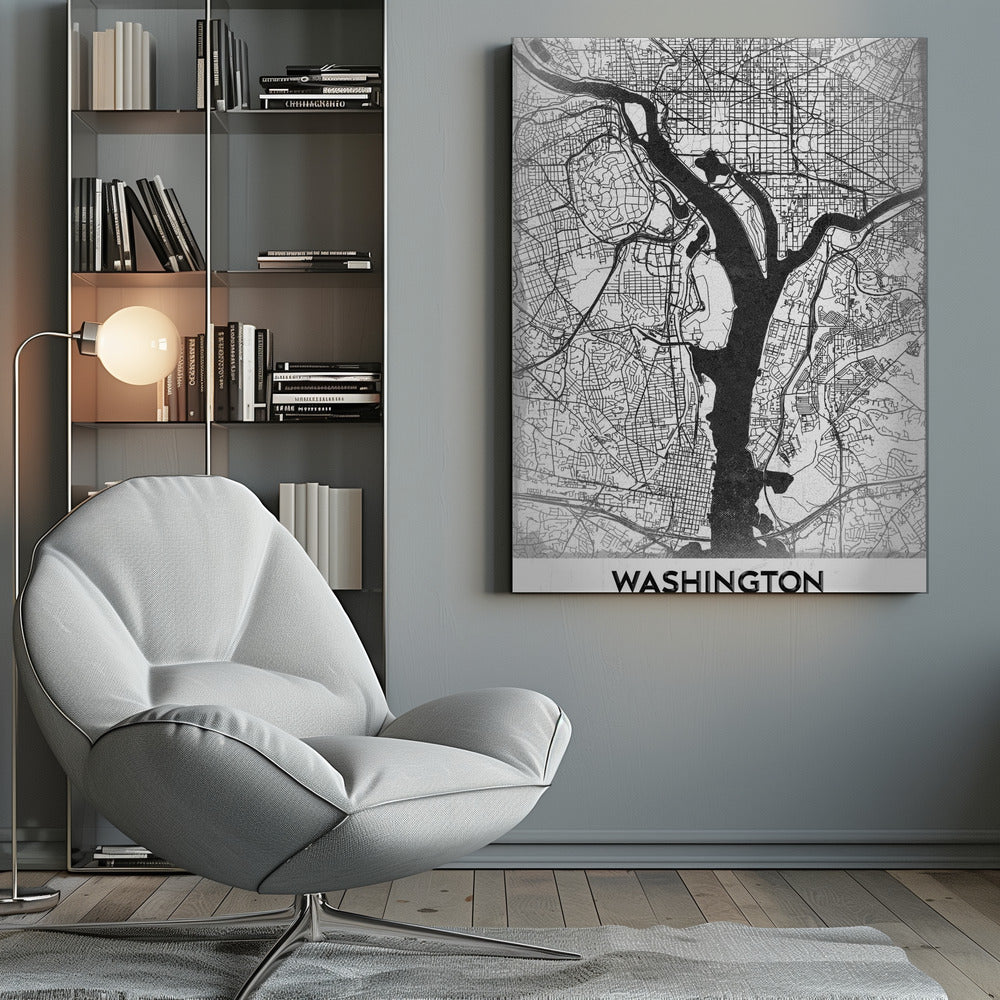 A modern, minimalist black and white map of Washington, D.C., presented as a framed poster. The Potomac and Anacostia rivers are shown in solid black, contrasting with the intricate thin black lines of the city's street grid on a white textured background. The word 'WASHINGTON' is centered at the bottom in bold black text. Artwork