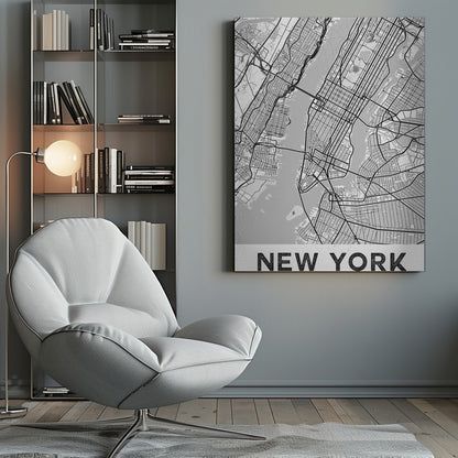 A modern, black and white map poster of New York City, featuring a detailed street grid of Manhattan and surrounding boroughs. The poster has a clean, minimalist design and is labeled 'NEW YORK' in bold capital letters at the bottom, all enclosed in a simple black frame. Poster