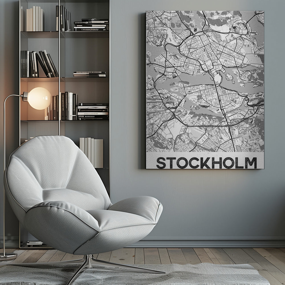 A modern, black and white framed map of Stockholm, Sweden. The minimalist design highlights the city's intricate network of streets, islands, and waterways. The name 'STOCKHOLM' is printed in large, bold, black font at the bottom. Decor