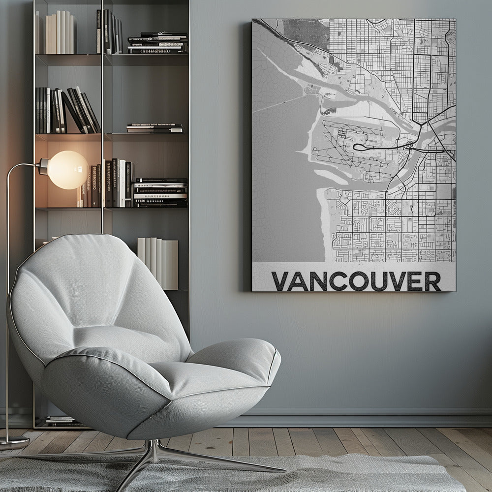 A modern, black and white framed art print of a city map of Vancouver. The map features a stylized layout of roads, rivers, and the coastline, including what appears to be an airport. The word 'VANCOUVER' is displayed in bold, capital letters at the bottom. Poster