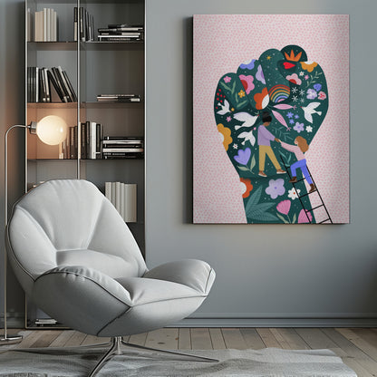 An illustration of a raised fist, a symbol of power and solidarity, against a pink dotted background. The fist is dark green and decorated with colorful flowers, white doves, a rainbow, and two women helping each other, one pulling the other up a ladder, symbolizing female empowerment and unity. Poster