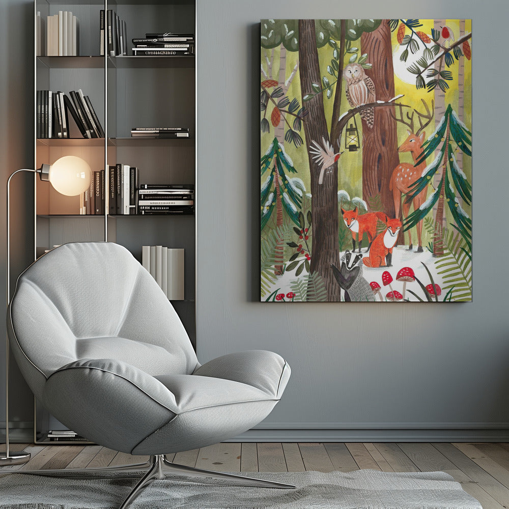 A whimsical illustration of a snowy forest scene filled with various woodland creatures. An owl perches on a branch with a lantern, a deer stands near a decorated pine tree, two red foxes and a badger are on the snowy ground near red toadstools, and birds fly and sit on branches under a yellow sun. Decor