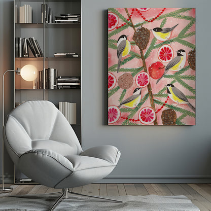 A festive illustration of a pine branch against a pink background, decorated with chickadees, pinecones, slices of red grapefruit, a red apple, and a red beaded garland. The scene has a light dusting of snow, creating a whimsical winter or holiday feel. Decor