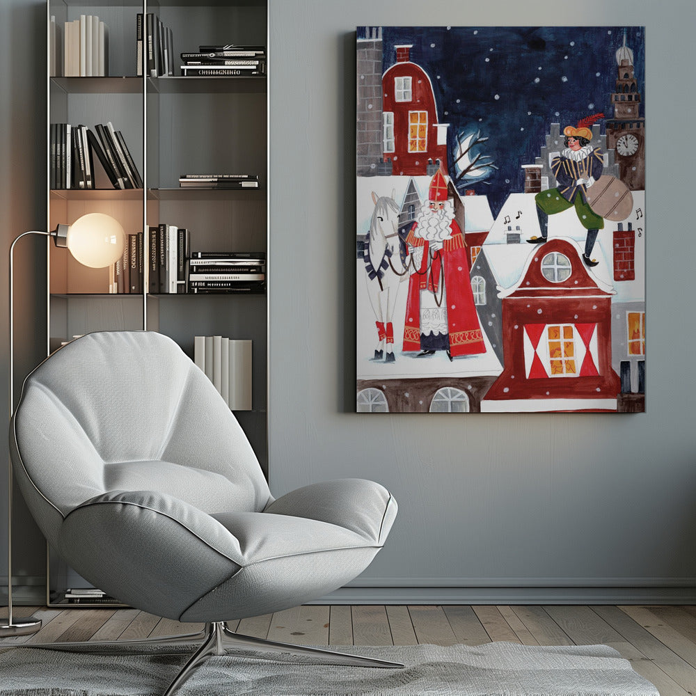 A folk art style illustration of a snowy village at night. Saint Nicholas (Sinterklaas) in his traditional red robe and miter stands with his white horse on a snow-covered roof. On another roof, his helper Zwarte Piet stands with a sack of gifts. The background features a clock tower and a dark, snowy sky. Wall Art