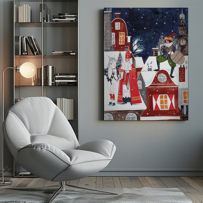 A folk art style illustration of a snowy village at night. Saint Nicholas (Sinterklaas) in his traditional red robe and miter stands with his white horse on a snow-covered roof. On another roof, his helper Zwarte Piet stands with a sack of gifts. The background features a clock tower and a dark, snowy sky. Wall Art
