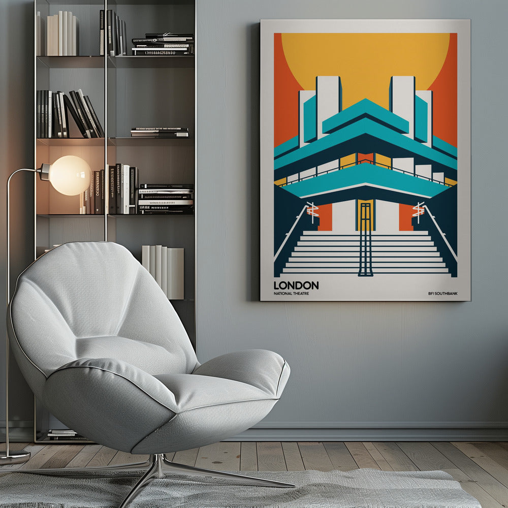 A stylized, graphic art travel poster of the National Theatre in London. The illustration uses a bold color palette of orange, yellow, and teal to depict the building's iconic Brutalist architecture against a large setting sun. Wide stairs lead up to the symmetrical facade. Text at the bottom reads 'LONDON NATIONAL THEATRE' and 'BFI SOUTHBANK'. Decor