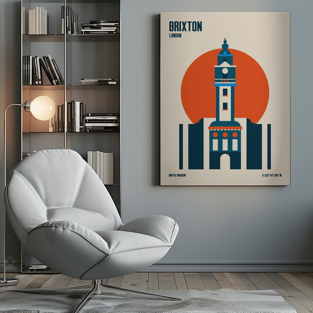 A minimalist travel poster of Brixton, London, featuring a stylized blue and white clock tower set against a large orange circle on a cream background. The text 'BRIXTON LONDON' is at the top, and 'UNITED KINGDOM' with geographic coordinates are at the bottom. The entire print is enclosed in a simple black frame. Poster