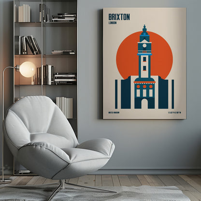A minimalist travel poster of Brixton, London, featuring a stylized blue and white clock tower set against a large orange circle on a cream background. The text 'BRIXTON LONDON' is at the top, and 'UNITED KINGDOM' with geographic coordinates are at the bottom. The entire print is enclosed in a simple black frame. Poster