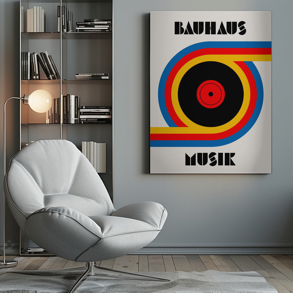 A Bauhaus style poster with the word 'BAUHAUS' at the top and 'MUSIK' at the bottom in a black geometric font. The central image is a stylized vinyl record made of bold blue, red, and yellow stripes against an off-white background, all enclosed in a thin black frame. Print