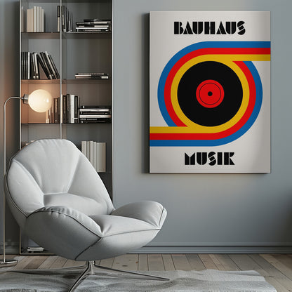 A Bauhaus style poster with the word 'BAUHAUS' at the top and 'MUSIK' at the bottom in a black geometric font. The central image is a stylized vinyl record made of bold blue, red, and yellow stripes against an off-white background, all enclosed in a thin black frame. Print