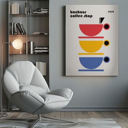 A minimalist Bauhaus-style poster titled 'bauhaus coffee shop 1919'. The artwork features a vertical stack of three stylized coffee cups in primary colors—red, yellow, and blue—on a light cream background, all rendered in simple geometric shapes. Poster