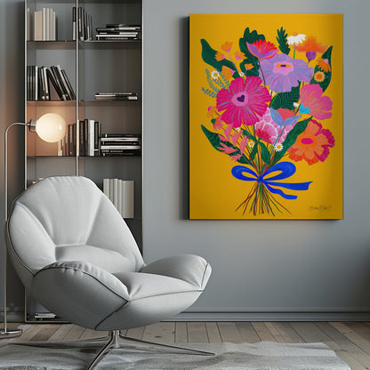 A vibrant, folk-art style illustration of a colorful bouquet of flowers against a solid yellow background. The flowers are in bright shades of pink, purple, and orange, tied together with a bold blue ribbon. The artwork is presented within a thin black frame. Wall Art