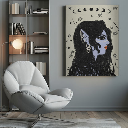 A stylized illustration of a woman in profile with light blue skin, long black hair, and pointed elven ears decorated with white jewelry. Her lips are orange, and she looks to the right. The background is a light cream color with black drawings of stars, constellations, and the phases of the moon above her head. Wall Art