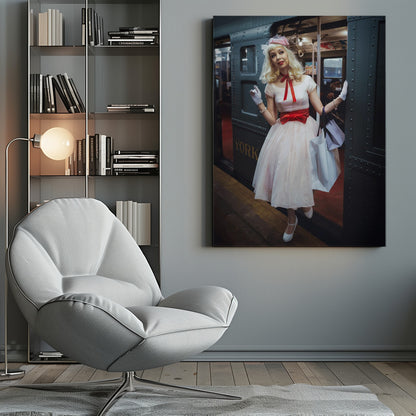 A full-length portrait of a young woman with blonde hair dressed in 1950s-style fashion, including a light pink dress with a bright red sash, a pink veiled hat, and white gloves. She smiles as she steps out of a dark, vintage train car onto a platform, holding shopping bags. Poster