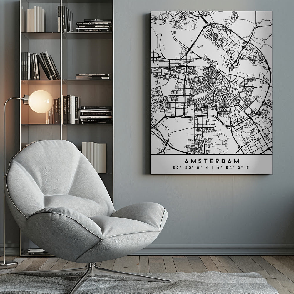 A minimalist black and white line art map of Amsterdam, Netherlands, in a black frame. The map details the intricate network of streets and canals. Below the map, the city's name 'AMSTERDAM' is printed in a bold, sans-serif font, with its geographical coordinates '52° 22' 0" N | 4° 54' 0" E' underneath. Poster