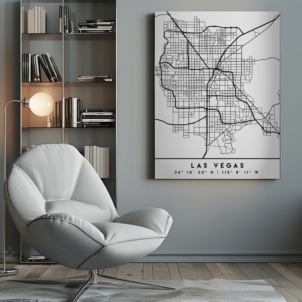 A minimalist black and white framed map of Las Vegas, showcasing the city's street grid and major highways. Below the map, the city's name and geographical coordinates are printed in a clean, modern font. Poster