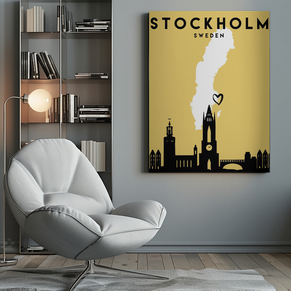 A minimalist travel poster for Stockholm, Sweden. It features a mustard yellow background with a black silhouette of the city's skyline at the bottom. A white outline of the map of Sweden is in the center, with a small black heart indicating Stockholm's location. The text 'STOCKHOLM SWEDEN' is at the top in black lettering. Decor
