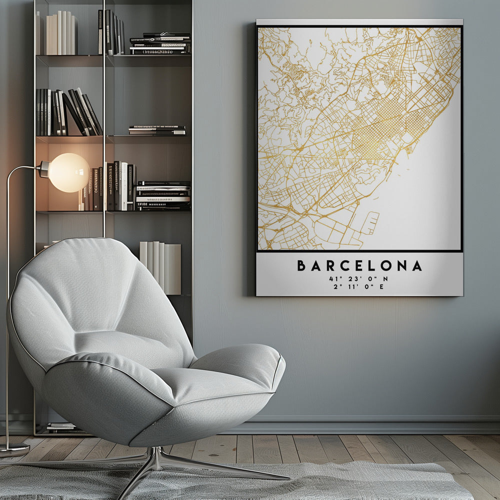 A modern, minimalist framed poster featuring a gold line map of Barcelona, Spain, on a clean white background. Below the map, the city's name 'BARCELONA' is printed in bold black text, with its geographic coordinates listed underneath. Decor
