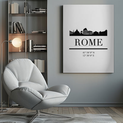 A minimalist black and white framed poster of Rome. It features a black silhouette of the city skyline, including the Colosseum, against a white background. Below the skyline is the word 'ROME' in a large serif font, followed by the city's geographical coordinates. Poster