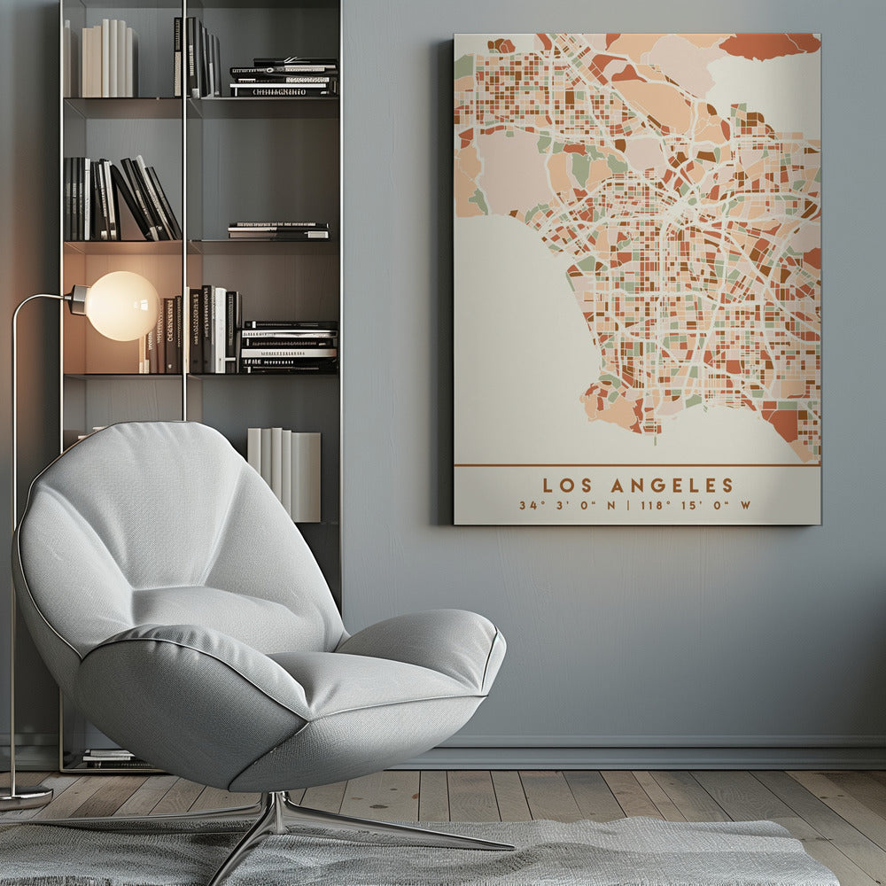 A stylized, block-pattern map of Los Angeles in a warm, earthy color palette of terracotta, brown, and sage green on a cream background. The poster is framed in black and includes the text 'LOS ANGELES' with its geographic coordinates at the bottom. Print