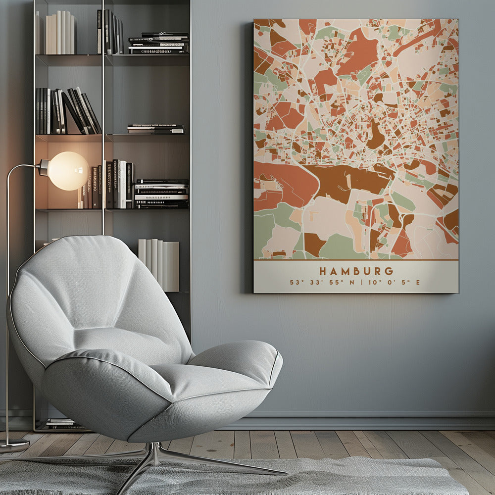 A modern, stylized art print of a Hamburg city map, featuring an abstract pattern of streets and neighborhoods in a color palette of terracotta, brown, sage green, and cream. The bottom of the print has a cream border with the city's name 'HAMBURG' and its geographical coordinates. The artwork is presented in a thin black frame. Wall Art
