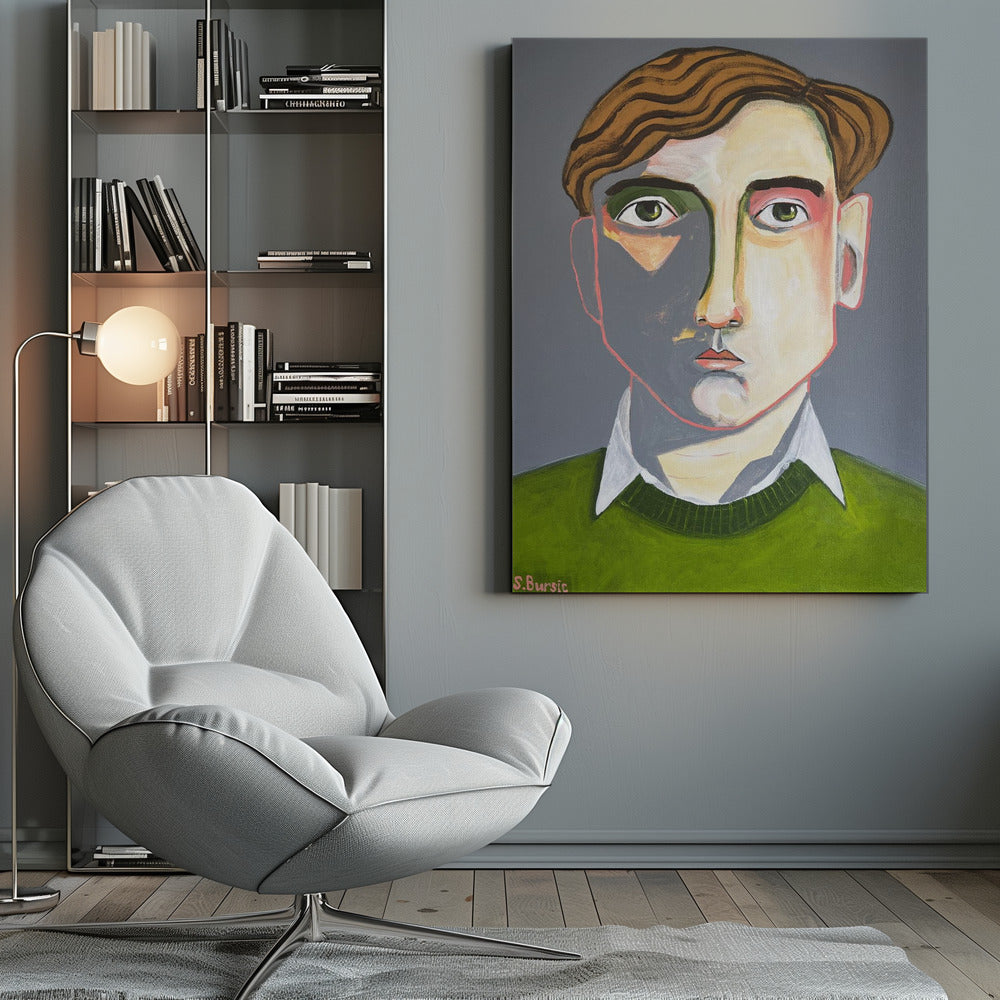 A modern, stylized portrait painting of a young man with wavy, reddish-brown hair and green eyes. He looks forward with a neutral expression. His face is angular with sharp lines, and a dramatic shadow covers the left side. He is wearing a dark olive green sweater over a white collared shirt, set against a solid dark gray background. The artwork is signed 'Bursic' in the lower-left corner and is presented in a simple black frame. Decor