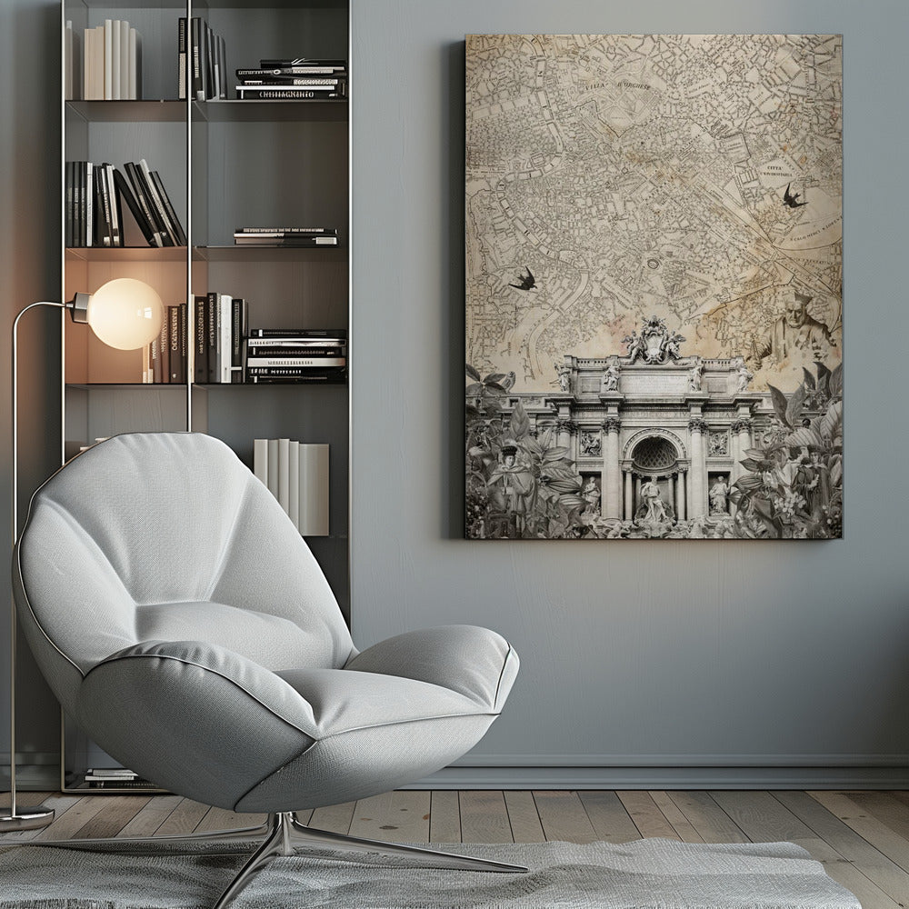 A vintage-style collage with a sepia map of Rome as the background. At the bottom is a detailed black and white illustration of the Trevi Fountain, surrounded by cutouts of foliage and historical figures. Two black birds are shown flying over the map. Decor