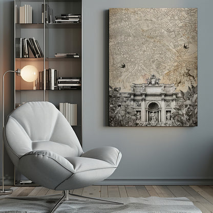 A vintage-style collage with a sepia map of Rome as the background. At the bottom is a detailed black and white illustration of the Trevi Fountain, surrounded by cutouts of foliage and historical figures. Two black birds are shown flying over the map. Decor