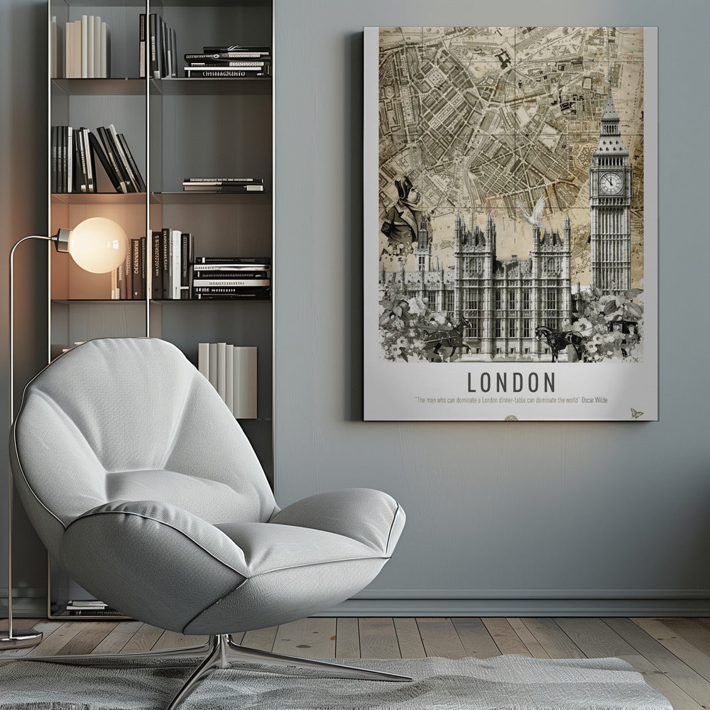 A vintage-style collage poster of London featuring an old sepia-toned map as the background. In the foreground are black and white illustrations of the Houses of Parliament and Big Ben, along with a man in historical dress, a dove, and horse-drawn carriages. The bottom reads 'LONDON' with a quote by Oscar Wilde. Poster