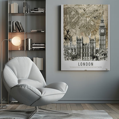 A vintage-style collage poster of London featuring an old sepia-toned map as the background. In the foreground are black and white illustrations of the Houses of Parliament and Big Ben, along with a man in historical dress, a dove, and horse-drawn carriages. The bottom reads 'LONDON' with a quote by Oscar Wilde. Poster