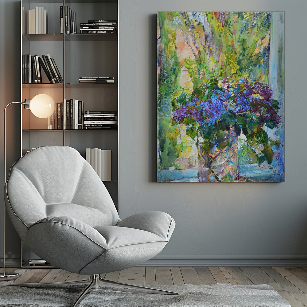 An impressionistic oil painting of a vibrant bouquet of purple and blue lilacs in a textured crystal vase, set against a sunlit window with lush green foliage outside. The artwork is characterized by thick, expressive brushstrokes. Artwork