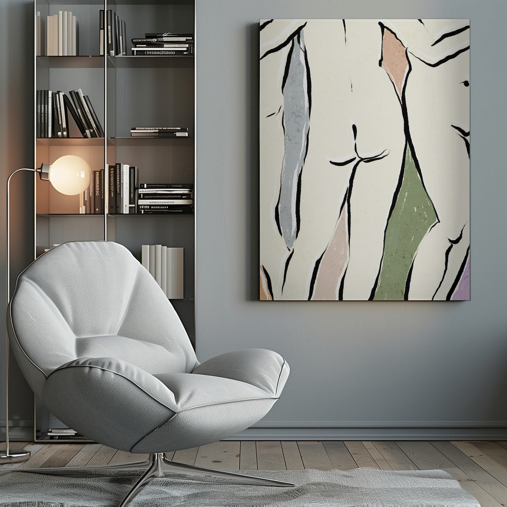 An abstract figurative artwork in a black frame featuring overlapping nude human forms. The figures are defined by bold, black ink lines on a cream background, with blocks of muted colors like dusty rose, sage green, and slate blue accentuating the shapes. Decor