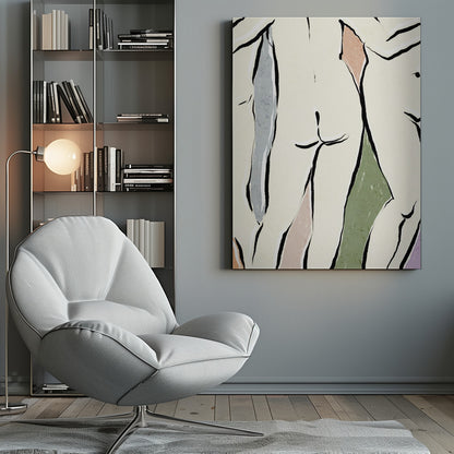 An abstract figurative artwork in a black frame featuring overlapping nude human forms. The figures are defined by bold, black ink lines on a cream background, with blocks of muted colors like dusty rose, sage green, and slate blue accentuating the shapes. Decor