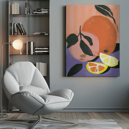 A colorful, painterly illustration of citrus fruits. The composition features two whole fruits, one orange and one pink, with dark green leaves, alongside two wedges of lemon and orange. They are set against a purple foreground and a background of vertical peach-colored stripes. Poster
