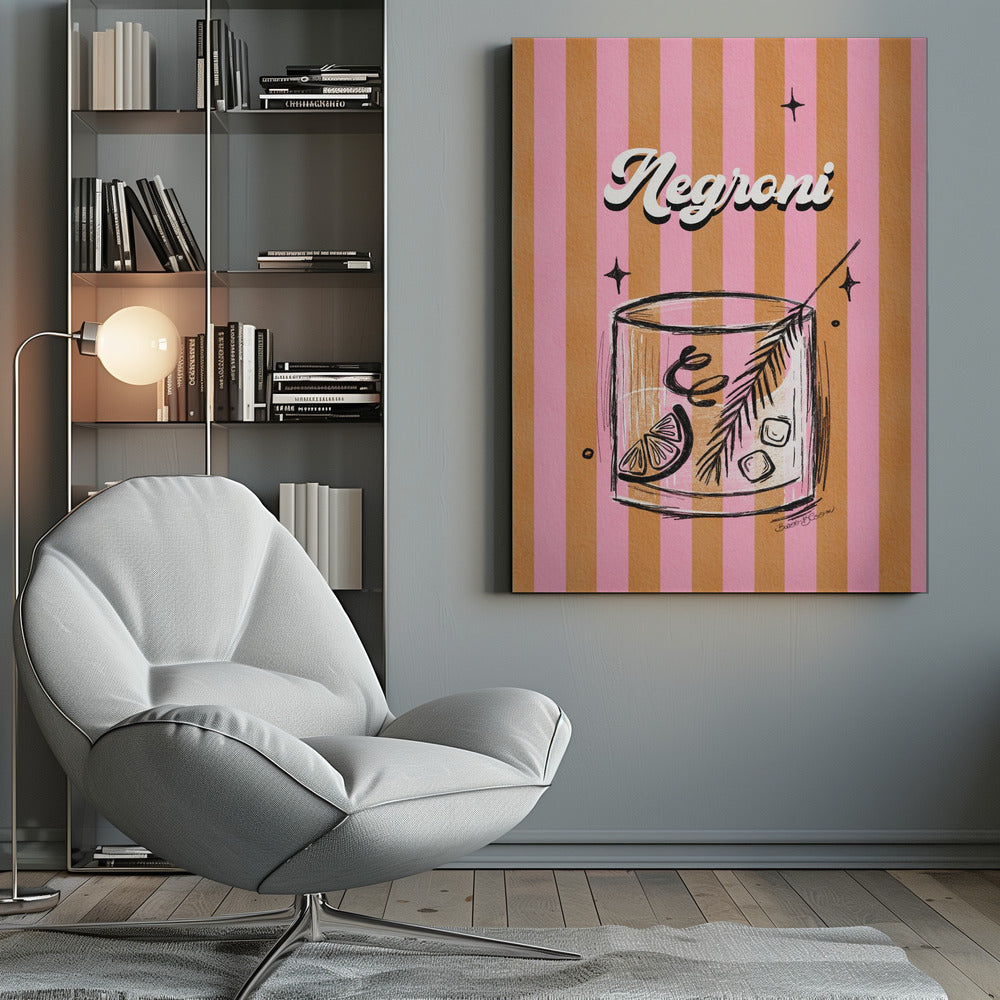 A retro-style poster of a Negroni cocktail. The drink is in a sketched rocks glass with a citrus slice and garnish, set against a background of vertical pink and orange stripes. The word 'Negroni' is written above in a stylized white font. Artwork