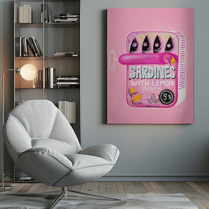 A pop art style illustration of an open can of sardines against a bright pink background. The can itself is pink with text that reads 'SARDINES WITH LEMON IN OLIVE OIL', and it contains four stylized fish. The artwork is presented in a simple black frame. Poster