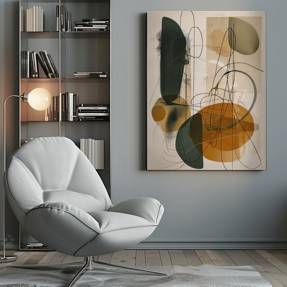 A vertical abstract composition featuring a mix of organic, overlapping shapes in dark green, ochre, and muted olive green against a light beige background. Thin, gestural black lines scribble and loop across the canvas, adding a dynamic and complex layer to the artwork, which is enclosed in a thin black frame. Poster