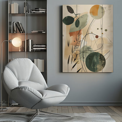 An abstract artwork featuring a blend of botanical and geometric elements. On a beige background, there are overlapping shapes in muted green, sage, and terracotta. Fine black lines create the outlines of leaves, stems, and swirling abstract forms, adding a layer of detail over the painted shapes. Poster