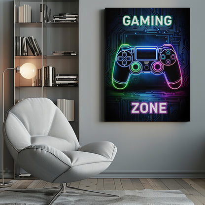 A futuristic gaming poster with a neon-outlined video game controller glowing in shades of blue, green, and pink. The controller is set against a dark background with a blue circuit board pattern. The words 'GAMING' and 'ZONE' are written in large, glowing neon letters above and below the controller. Artwork
