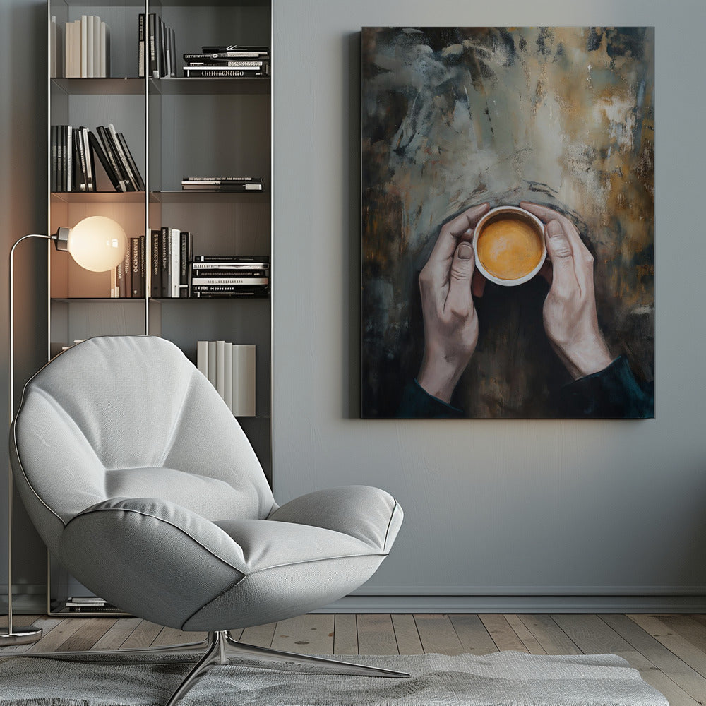 An overhead view painting of two hands cupping a small white mug filled with coffee against a textured, abstract background of brown and grey tones. The artwork is presented in a simple black frame. Print