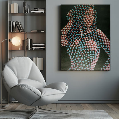 A modern pop art portrait of a person, where their silhouette is filled with a dense pattern of red, light blue, and white dots against a solid dark background, creating a fragmented and stylized image. Decor