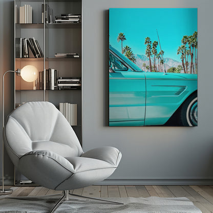 A vibrant, stylized photograph of a vintage turquoise car parked under a clear blue sky, with a row of tall palm trees and distant mountains creating a classic, sunny California scene. Wall Art