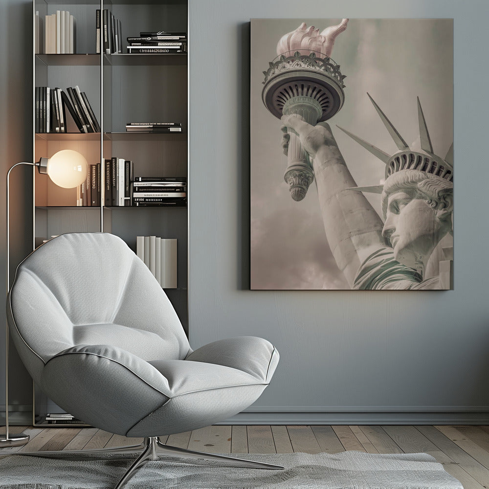A low-angle, close-up photograph of the Statue of Liberty with a vintage color treatment. The shot captures her profile, crown, and her arm holding the torch aloft against a muted, cloudy sky, all enclosed in a thin black frame. Poster