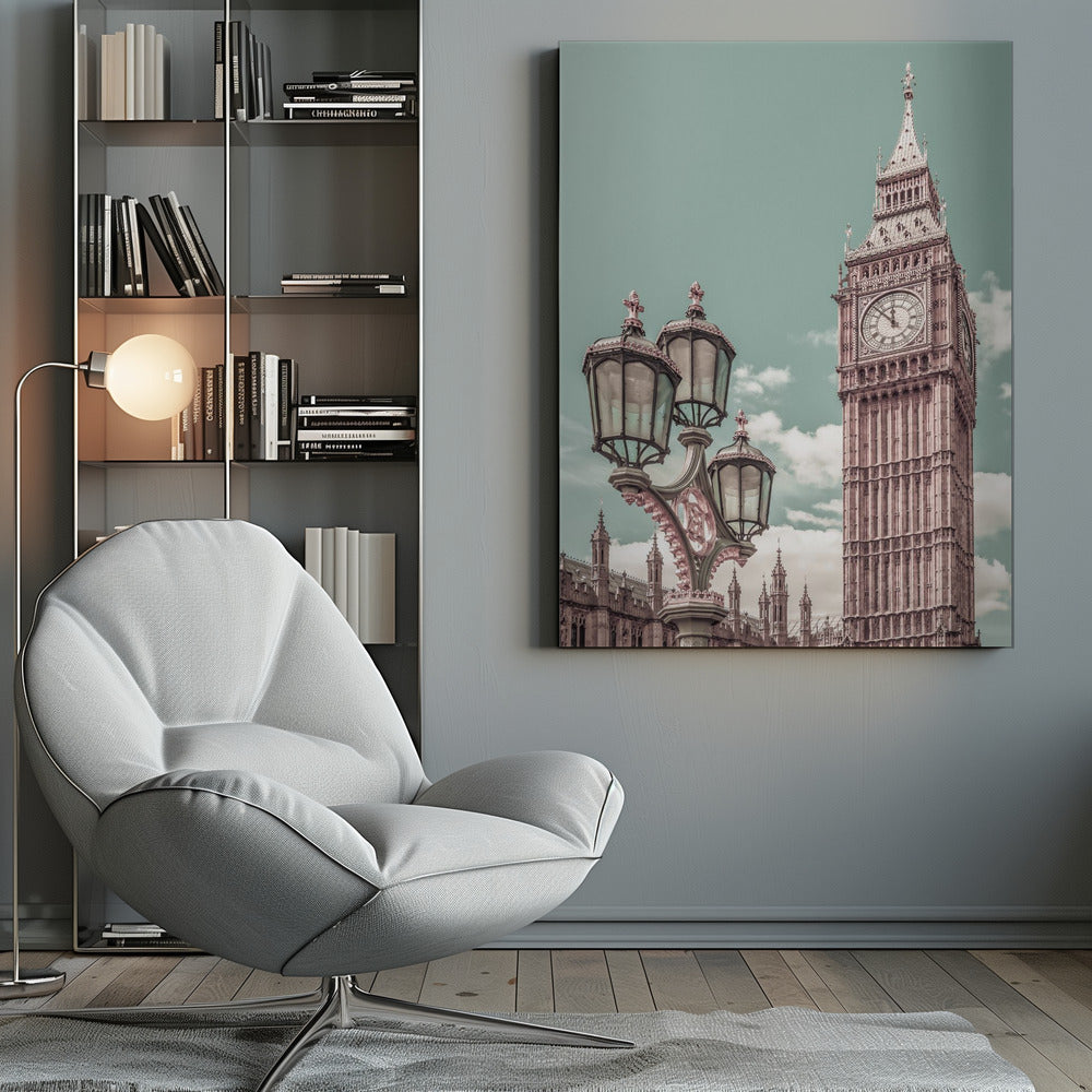A stylized, low-angle photograph of Big Ben in London, with an ornate Victorian lamppost in the foreground. The image is color-graded with a pale teal sky and pink-toned architecture, creating a vintage, dreamy aesthetic. Wall Art