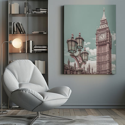 A stylized, low-angle photograph of Big Ben in London, with an ornate Victorian lamppost in the foreground. The image is color-graded with a pale teal sky and pink-toned architecture, creating a vintage, dreamy aesthetic. Wall Art