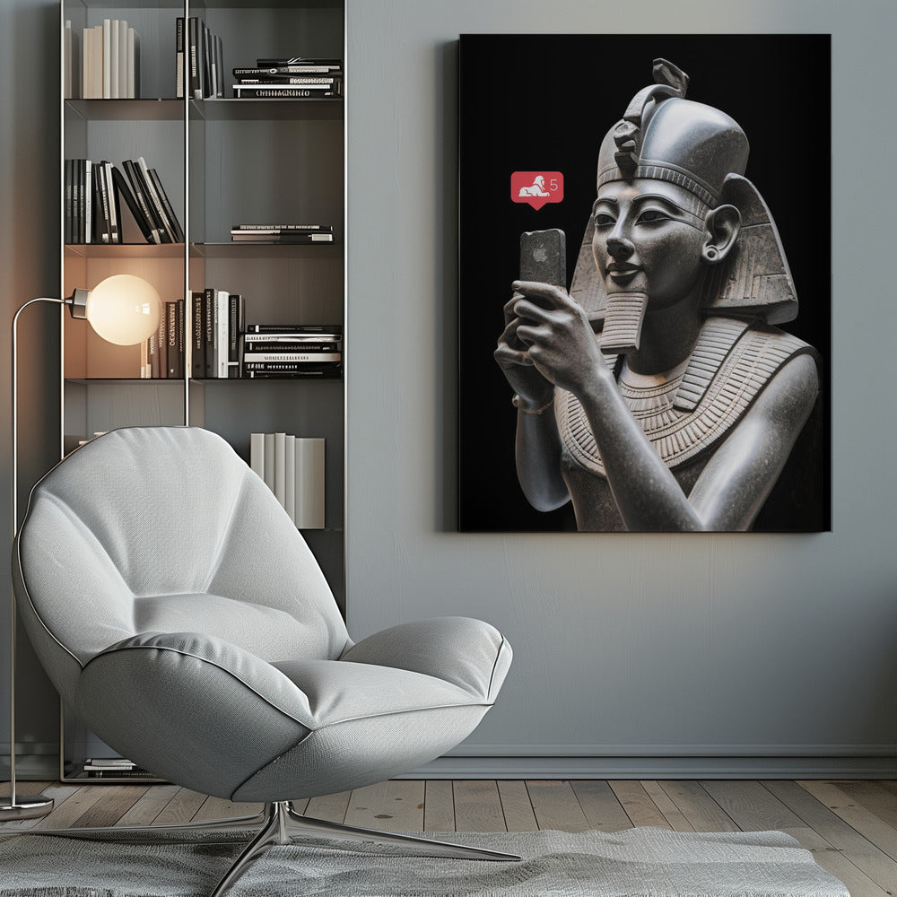 A humorous digital artwork depicting a detailed, dark grey stone bust of an ancient Egyptian pharaoh holding a modern smartphone and looking at it with a slight smile. A red social media notification with a sphinx icon and the number 5 floats next to the phone against a solid black background. Wall Art